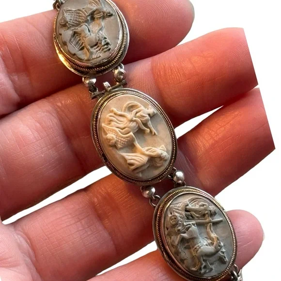 Antique Bracelet Stone Cameo 800 Silver Victorian Lava RARE Seven Days Chariots - Picture 10 of 14